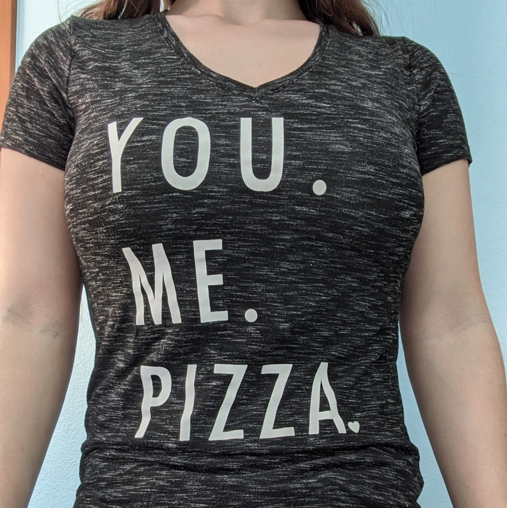 Soft grey v neck tee "you. Me. Pizza❤️"